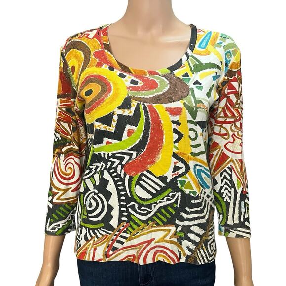 Y2K Chicos Art To Wear Colorful Tshirt Size Small/0 Scoop Neck Boho Eclectic - Picture 1 of 8